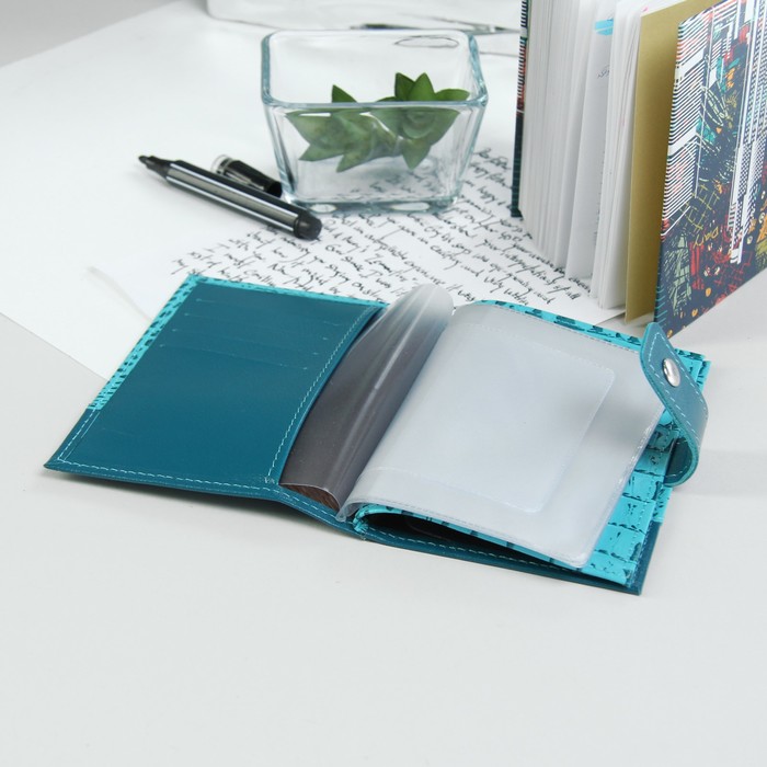 Обложка для автодокументов и паспорта Textura, 10*1,5*13,5, 4 кармана для карт, цвет бирюза матовый/бирюза