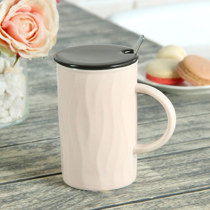 Кружка 500 мл "Пастель", с керамической крышкой и ложкой, цвет МИКС