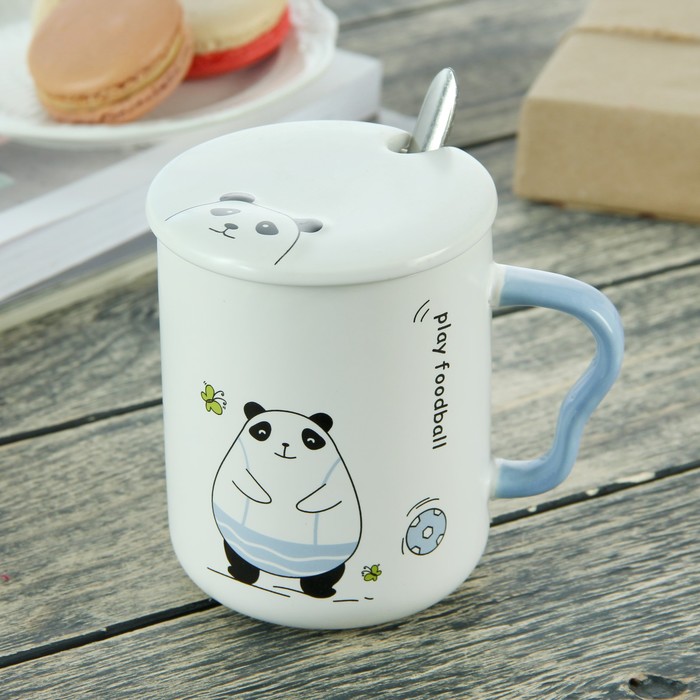 Кружка 380 мл "Танец панды", с керамической крышкой и ложкой, рисунок МИКС