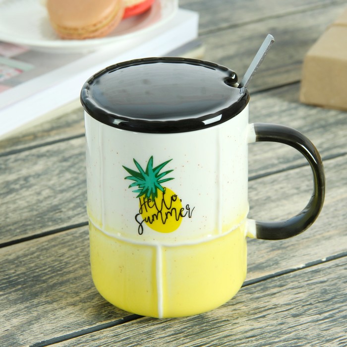 Кружка 480 мл "Цитрусы", с керамической крышкой и ложкой, рисунок и цвет МИКС