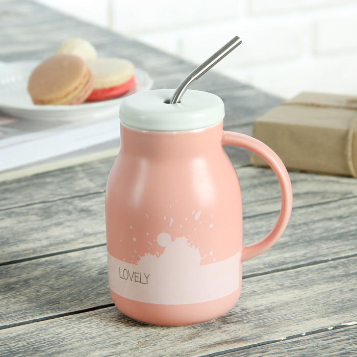 Кружка 450 мл "Милк", с керамической крышкой и трубочкой, цвет МИКС