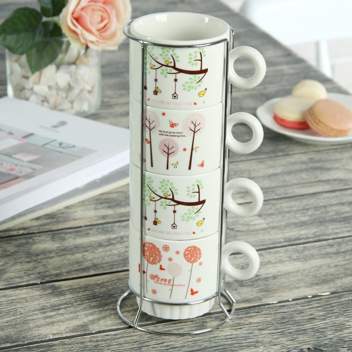 Набор кружек 240 мл "Веточка", 4 шт, на металлической подставке, цвета МИКС