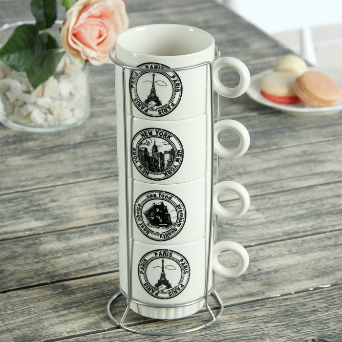 Набор кружек 240 мл "Во круг света", 4 шт, на металлической подставке