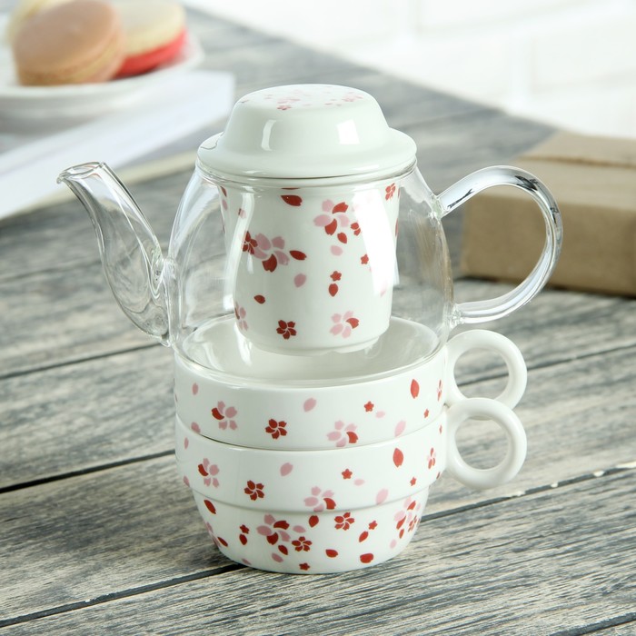 Набор чайный "Ветвь", 3 предмета: чайник 400 мл, 2 чашки 120 мл, рисунок МИКС