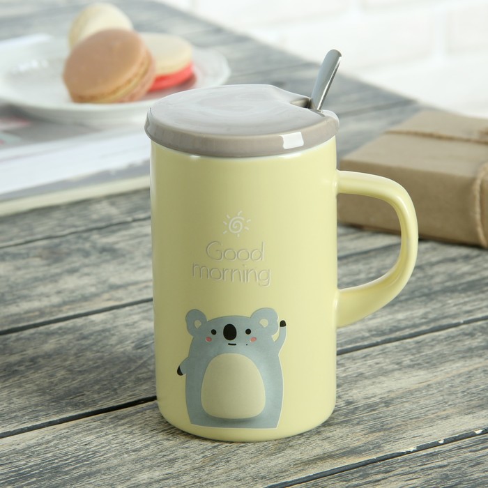 Кружка 430 мл "Толстячки", с керамической крышкой и ложкой, рисунок МИКС