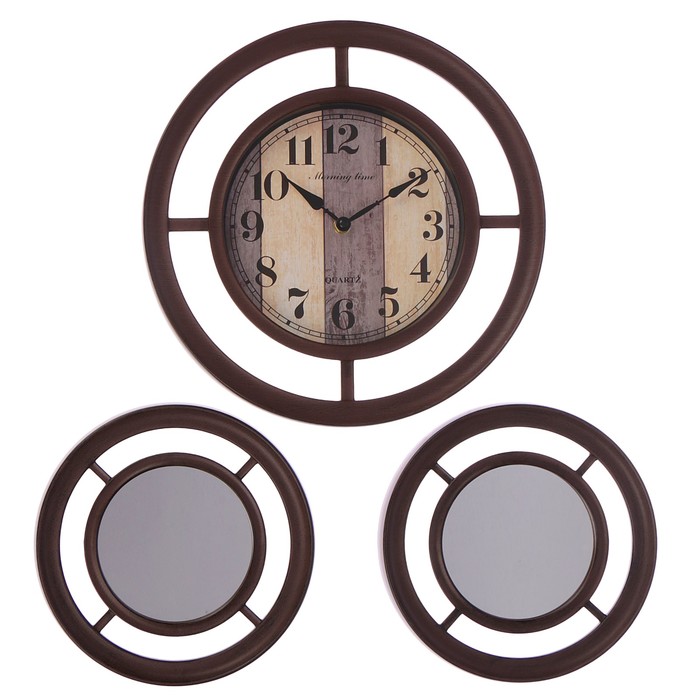 Часы 3в1 с зеркалом, двойной обод, тёмно-коричневые, циф-т d=33 см