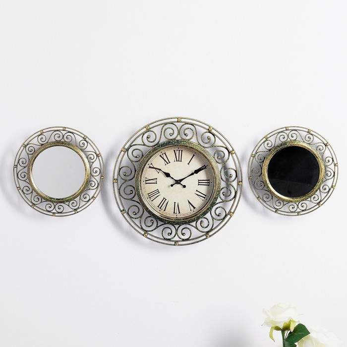 Часы 3в1 с зеркалом, двойной обод, римские цифры, ажурная резьба, бронзовые, циф-т d=30 см