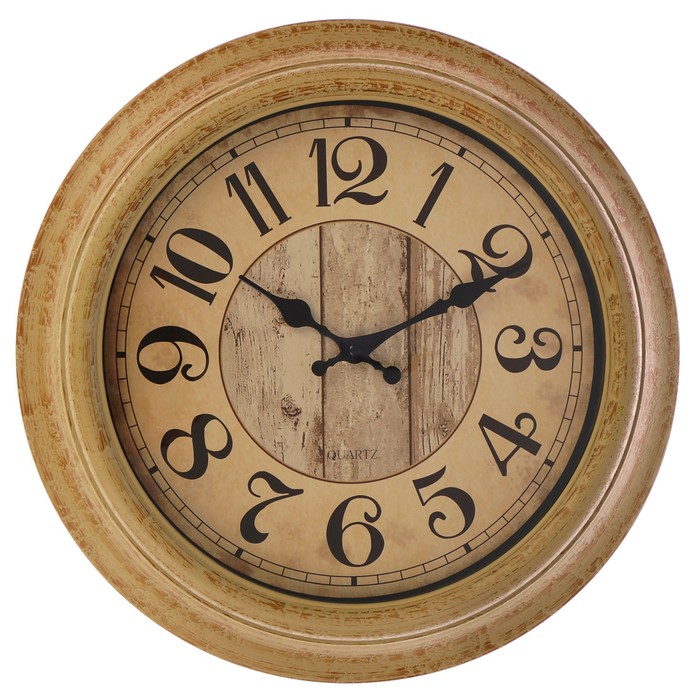 Часы настенные, круглые, циф-т имитация дерева, рама широкая объёмная, бежевые, d=40 см