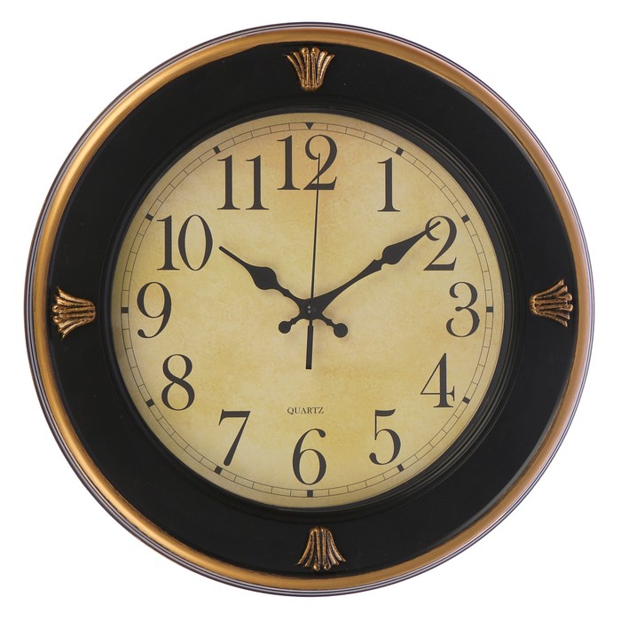 Часы настенные, круглые, 4 вставки по ободу напротив цифр 3, 6, 9, 12, чёрные, d=33 см