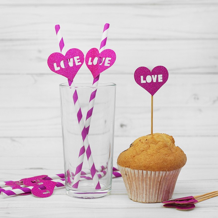 Набор для праздника LOVE, 5 трубочек, 5 шпажек, цвет фиолетовый