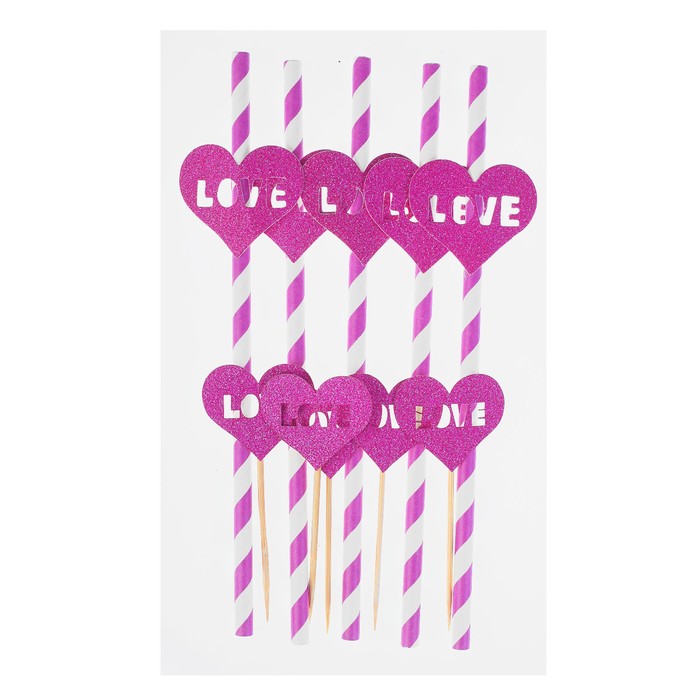 Набор для праздника LOVE, 5 трубочек, 5 шпажек, цвет фиолетовый
