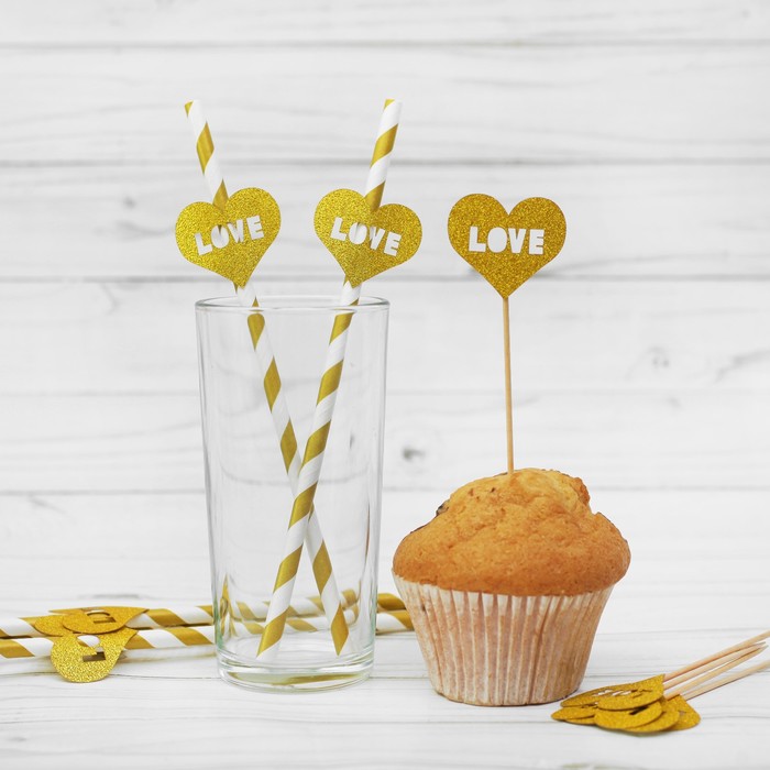 Набор для праздника LOVE, 5 трубочек, 5 шпажек, цвет золотой