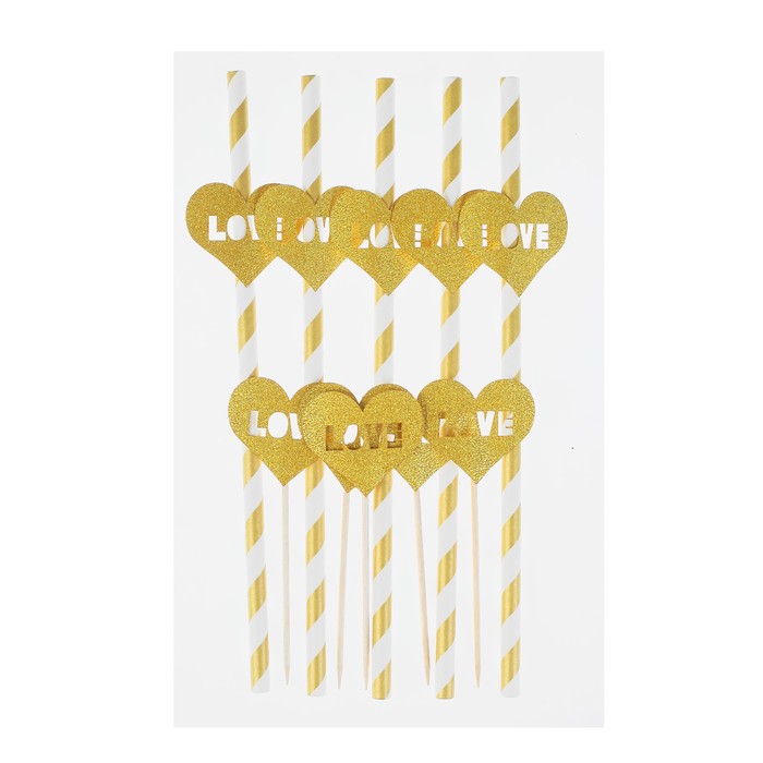 Набор для праздника LOVE, 5 трубочек, 5 шпажек, цвет золотой
