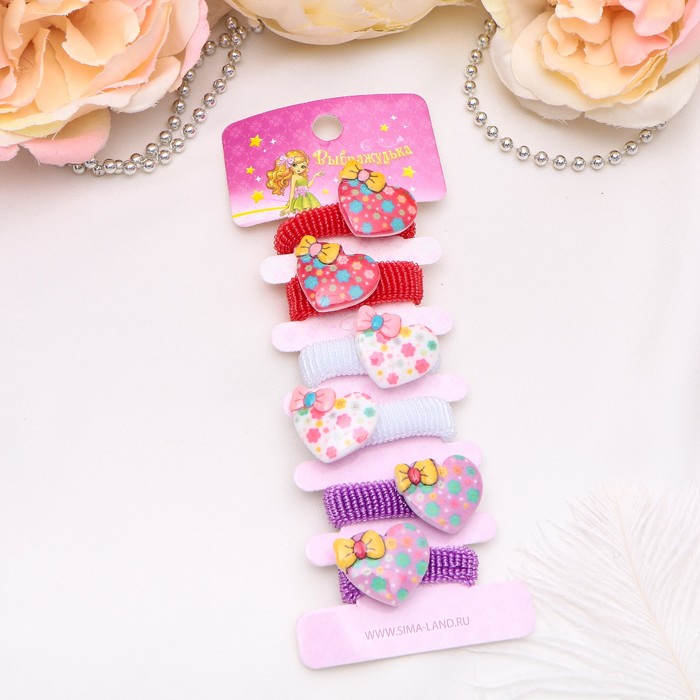 Резинка для волос "Весёлый глянец" (набор 6 шт) сердечки бантики