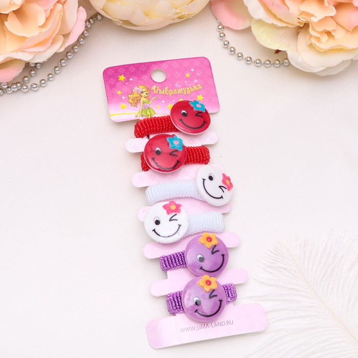 Резинка для волос "Весёлый глянец" (набор 6 шт) смайлики цветочки