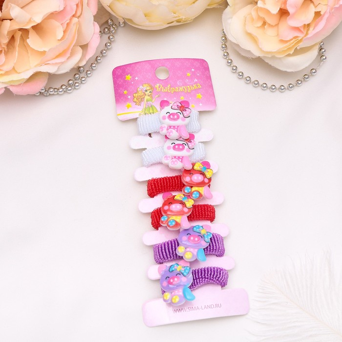 Резинка для волос "Весёлый глянец" (набор 6 шт) хрюшки бантики