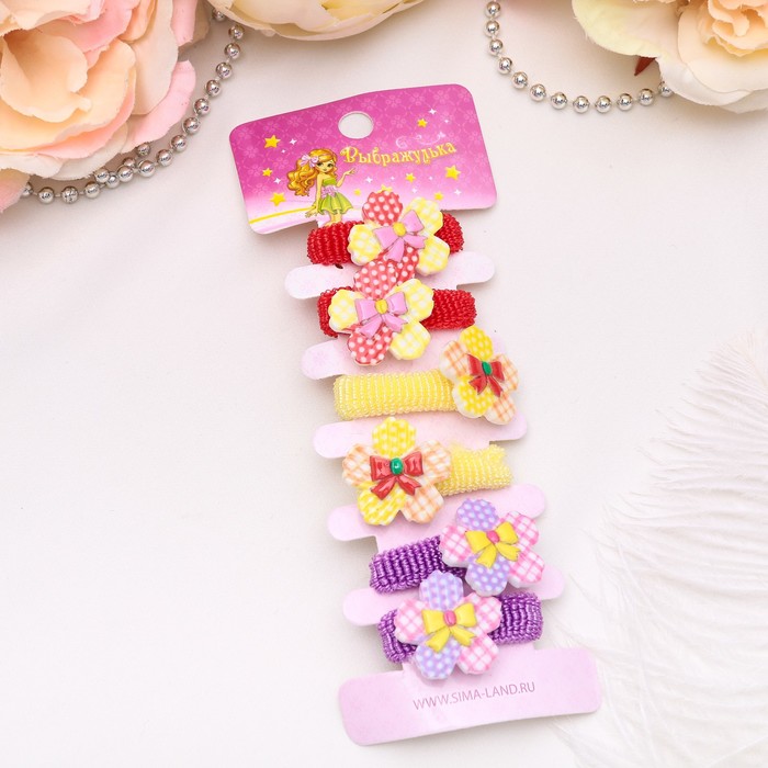 Резинка для волос "Весёлый глянец" (набор 6 шт) цветочки бантики