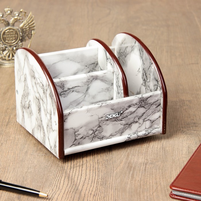 Органайзер настольный, 4 секции, под белый мрамор, вращается, 8,5*16*14см