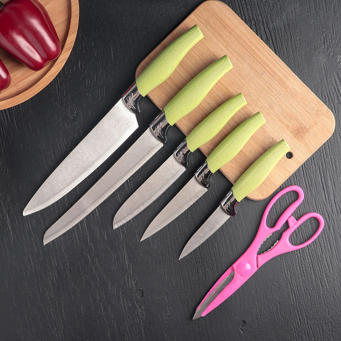 Набор кухонный, 6 предметов: 5 ножей 8,5/12/12/19,7/19 см, ножницы, цвет зеленый