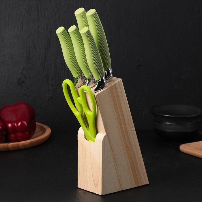 Набор кухонный, 6 предметов: 5 ножей 8,5/12/12/19,7/19 см, ножницы, цвет зеленый