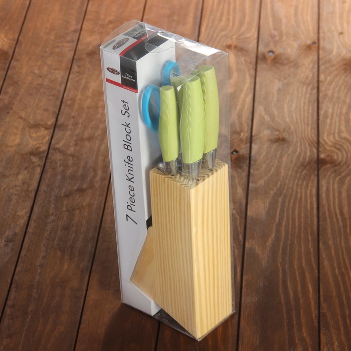 Набор кухонный, 6 предметов: 5 ножей 8,5/12/12/19,7/19 см, ножницы, цвет зеленый