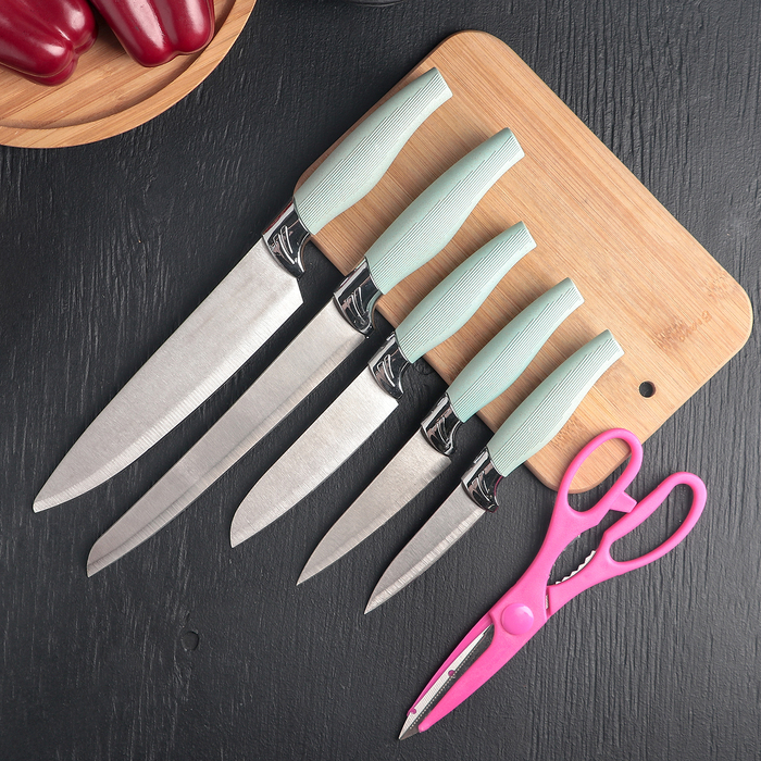 Набор кухонный, 6 предметов: 5 ножей 8,5/12/12/19,7/19 см, ножницы, цвет голубой