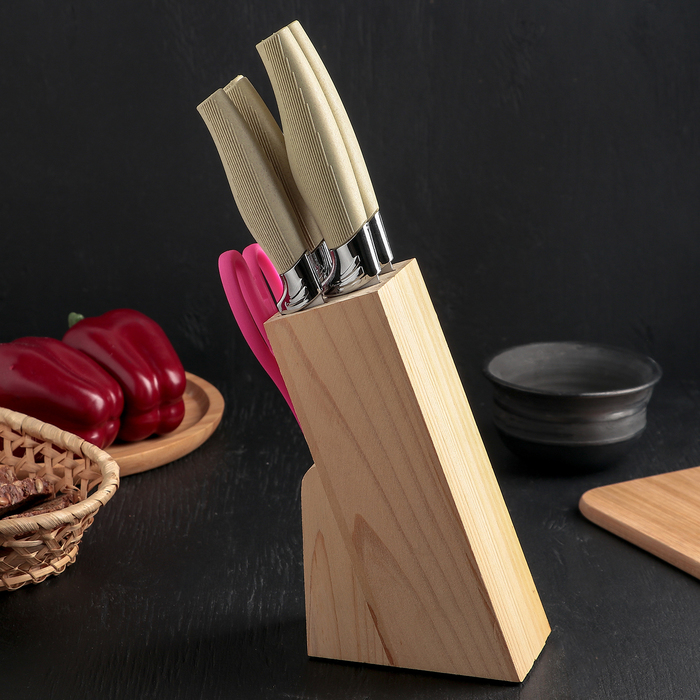 Набор кухонный, 6 предметов: 5 ножей 8,5/12/12/19,7/19 см, ножницы, цвет бежевый