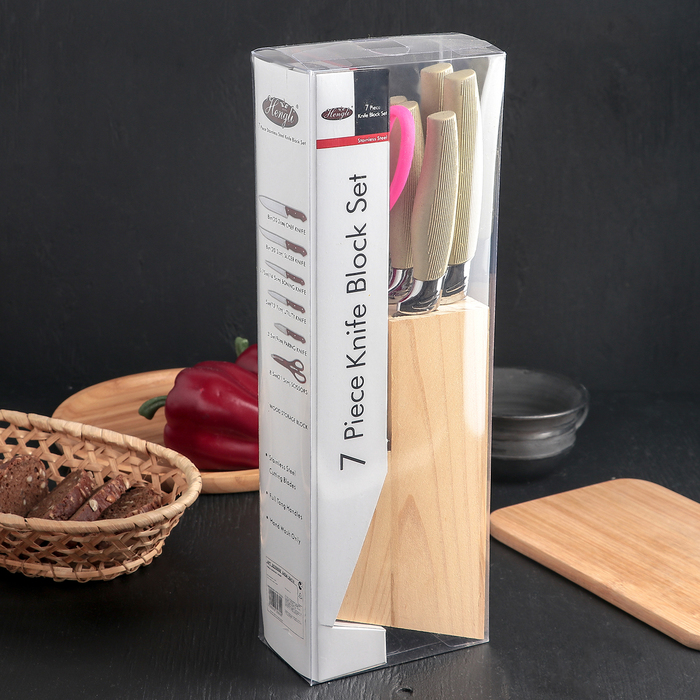 Набор кухонный, 6 предметов: 5 ножей 8,5/12/12/19,7/19 см, ножницы, цвет бежевый