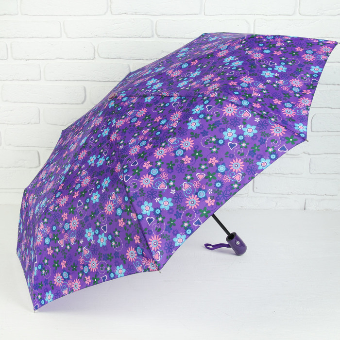 Зонт автоматический "Сердца и бабочки", R=49см, цвет фиолетовый