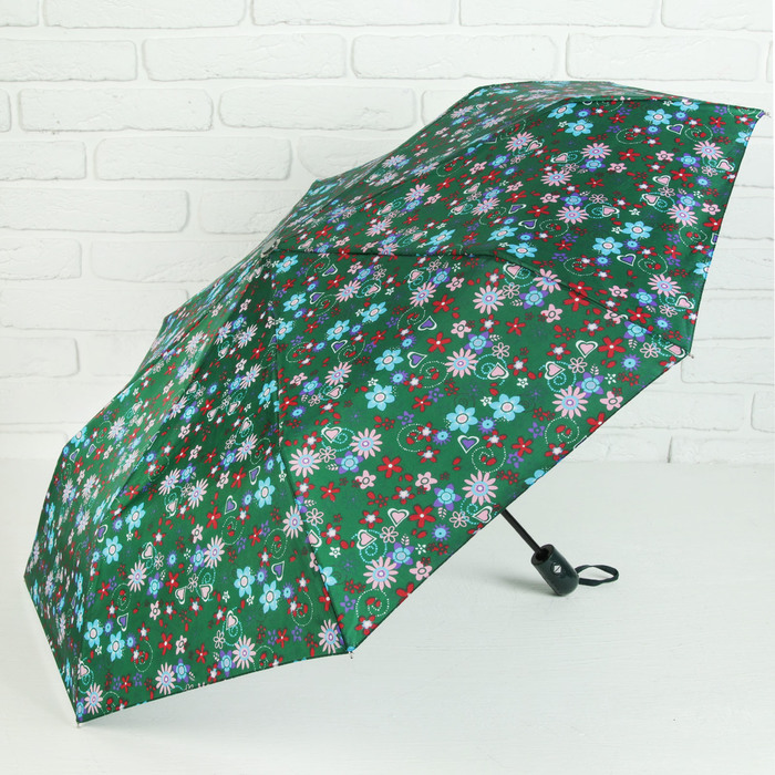 Зонт автоматический "Сердца и бабочки", R=49см, цвет зелёный