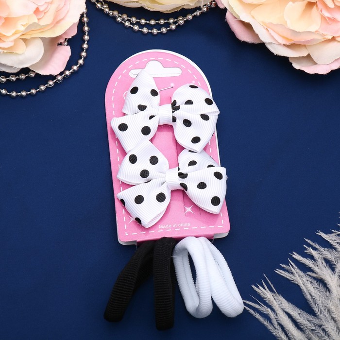 Набор для волос "Карапулька" (2 зажима, 4 резинки) бантики чёрный горох