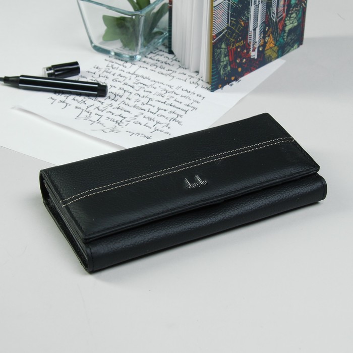 Кошелёк женский, 2 отдела рамка, 3 отдела, для карт, наружный карман, цвет чёрный