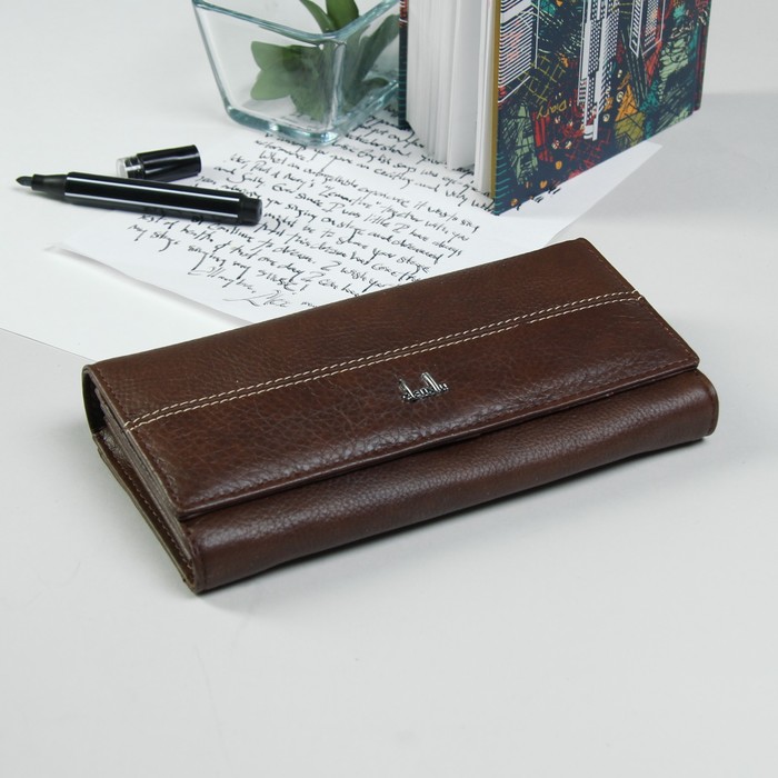 Кошелёк женский, 2 отдела рамка, 3 отдела, для карт, наружный карман, цвет коричневый