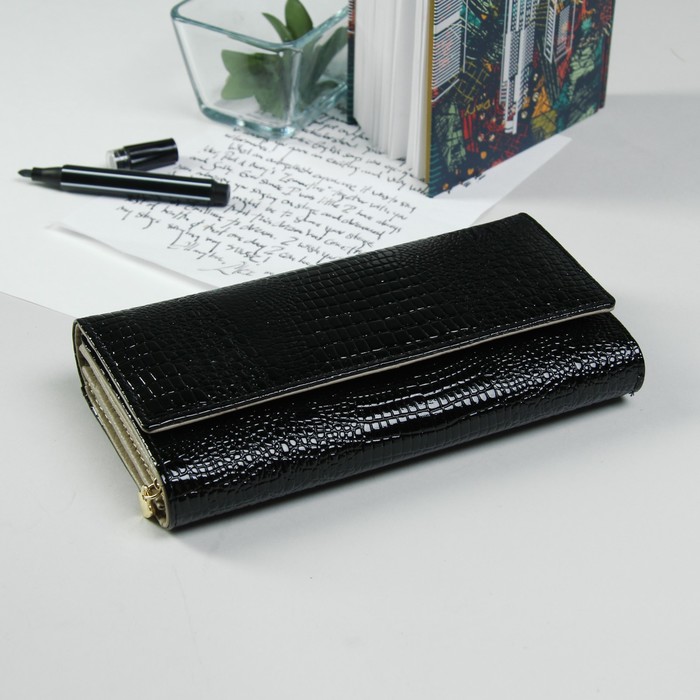 Кошелёк женский, 2 отдела рамка, 3 отдела, для карт, наружный карман, цвет чёрный