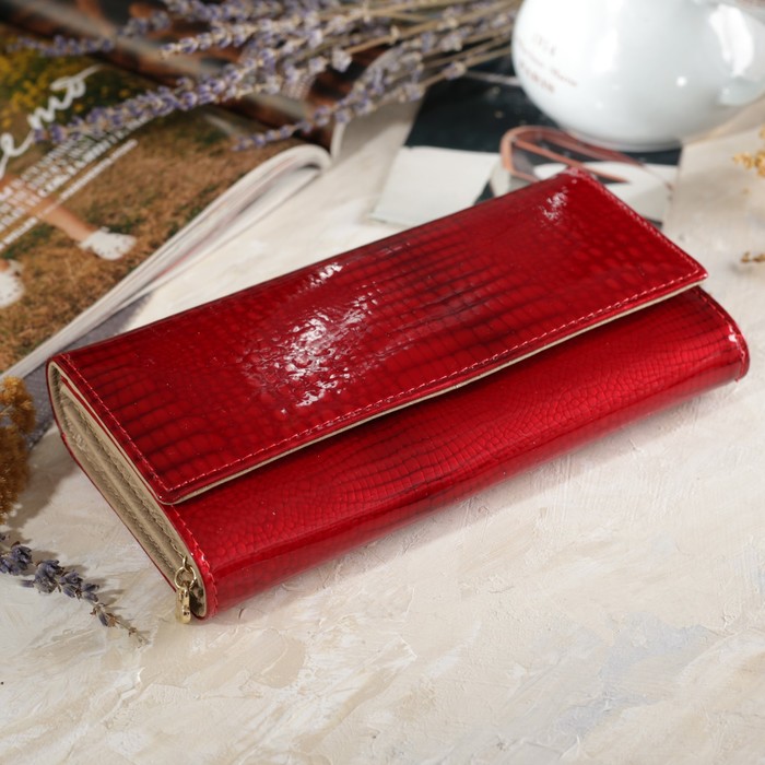 Кошелёк женский, 2 отдела рамка, 3 отдела, для карт, наружный карман, цвет красный