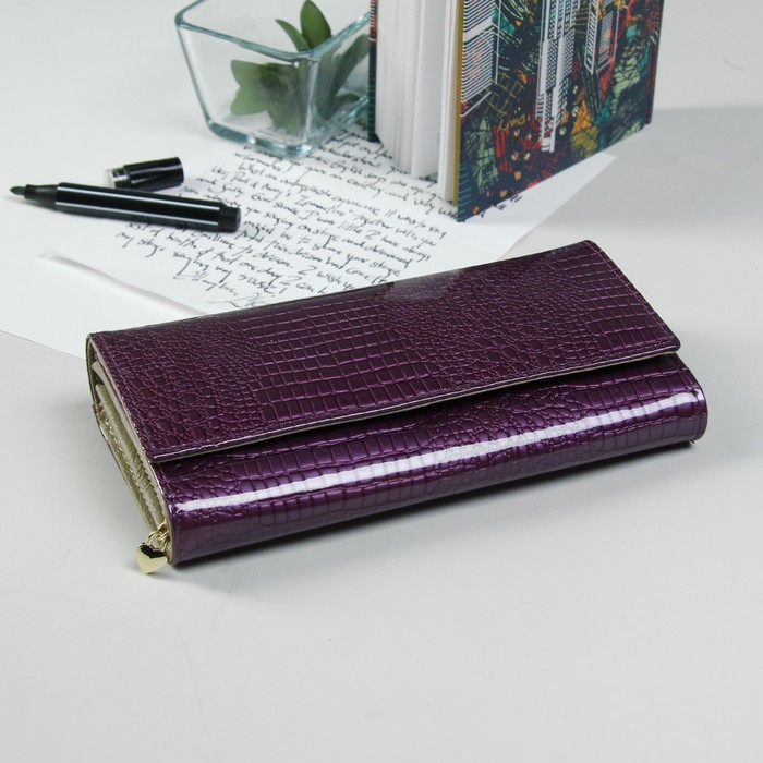 Кошелёк женский, 2 отдела рамка, 3 отдела, для карт, наружный карман, цвет фиолетовый