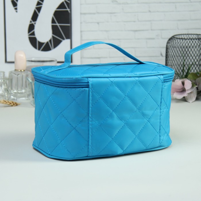 Косметичка-сундук «Строчка», отдел на молнии, зеркало, цвет голубой