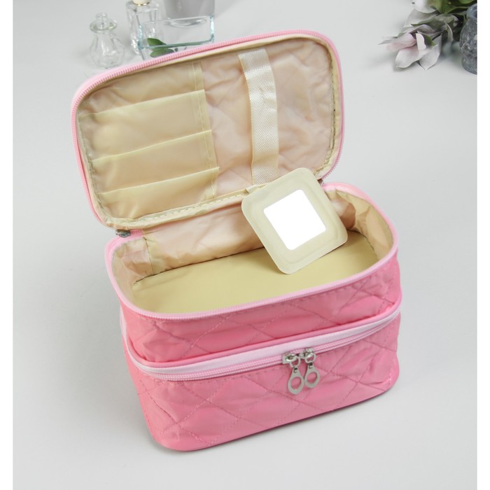Косметичка «Строчка», 2 отдела на молниях, зеркало, цвет розовый