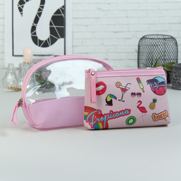 Набор косметичек 2 в 1 «Вечеринка», отдел на молниях, ручка, цвет розовый