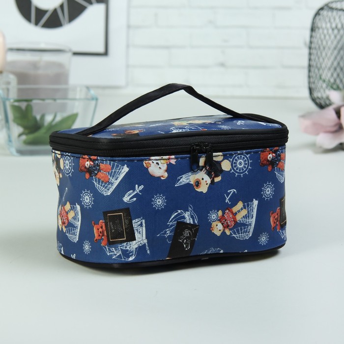 Косметичка-сундучок «Мишки», отдел на молнии, зеркало, цвет синий