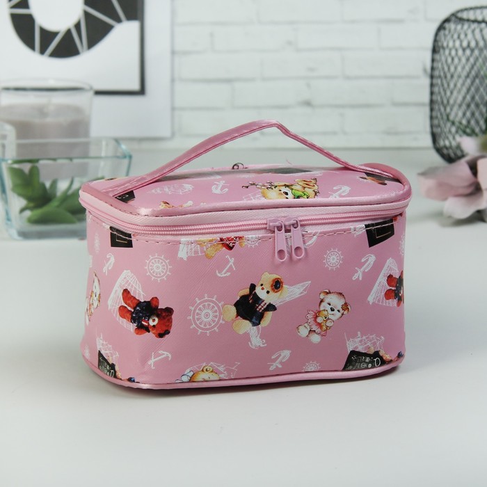 Косметичка-сундучок «Мишки», отдел на молнии, зеркало, цвет розовый