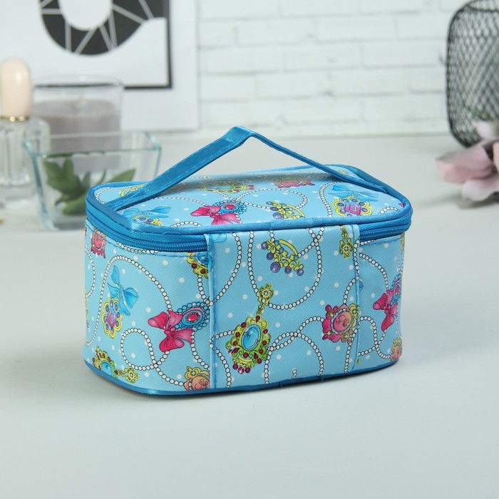 Косметичка-сундучок, отдел на молнии, зеркало, цвет голубой