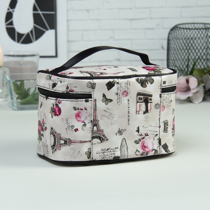 Косметичка-сундучок «Города», отдел на молнии, зеркало, цвет серый