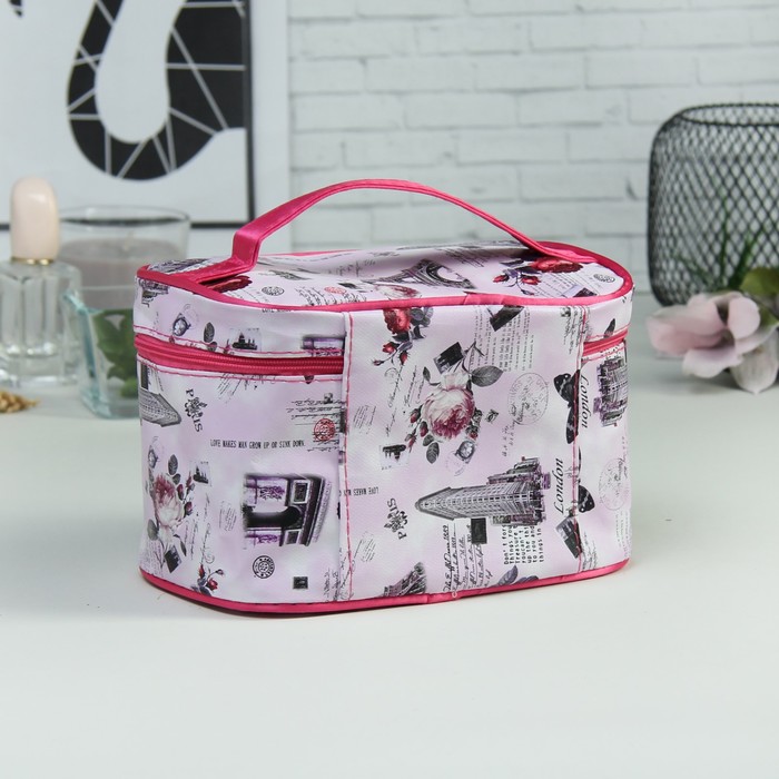Косметичка-сундучок «Города», отдел на молнии, зеркало, цвет сиреневый
