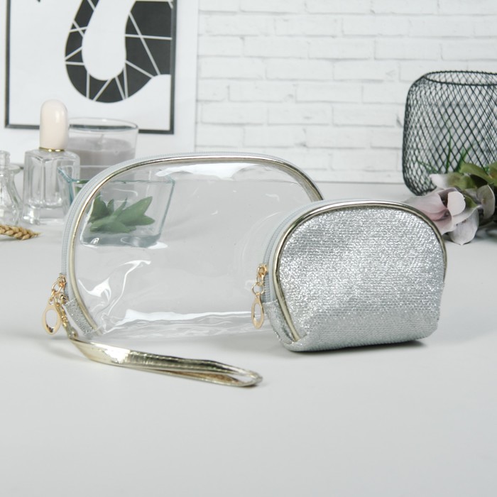Косметички набор 2 в 1 «Блеск», отдел на молнии, с ручкой, цвет серебристый