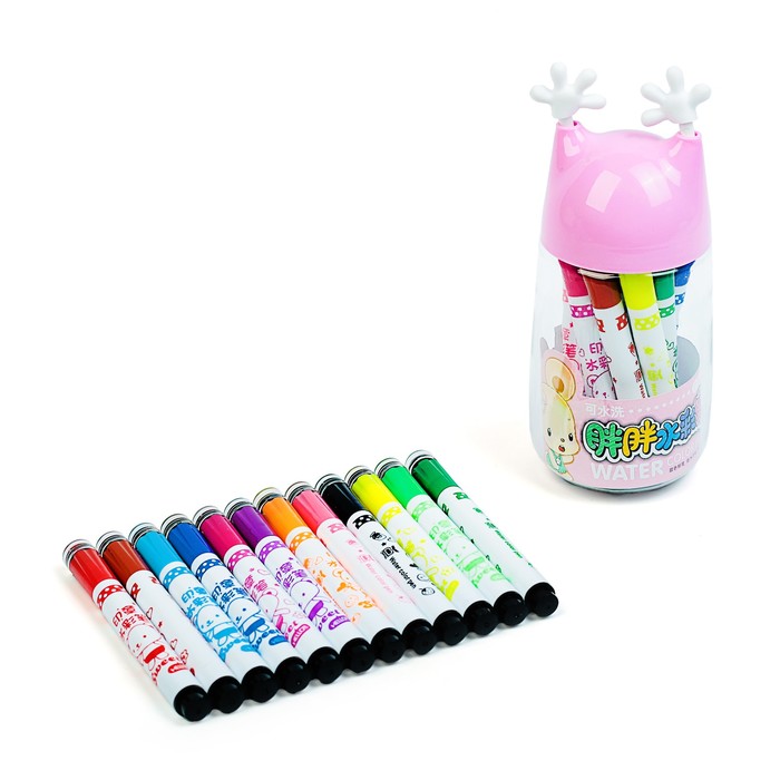 Фломастеры 12цв Мышка в пластик тубусе вертилируемый колпачок с штампами МИКС