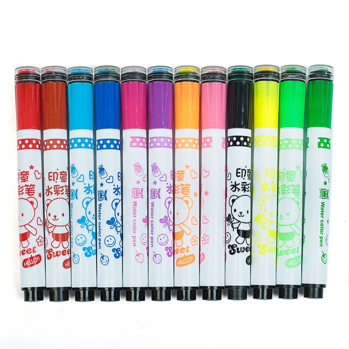 Фломастеры 12цв Мышка в пластик тубусе вертилируемый колпачок с штампами МИКС