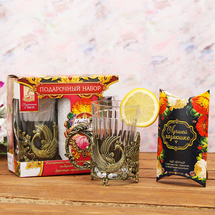 Набор: подстаканник со стаканом, чай чёрный "Любимой теще"