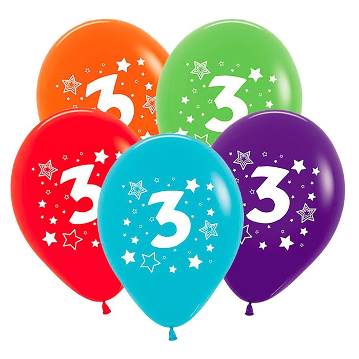Шар латексный 12" "Цифра 3", звёзды, пастель, 5-сторонний, набор 25 шт., цвета МИКС