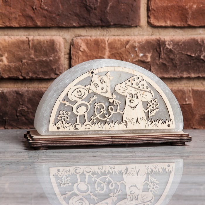 Соляной светильник "Гриб и Чудик", деревянный декор, цельный кристалл, 18 х 10 х 6 см